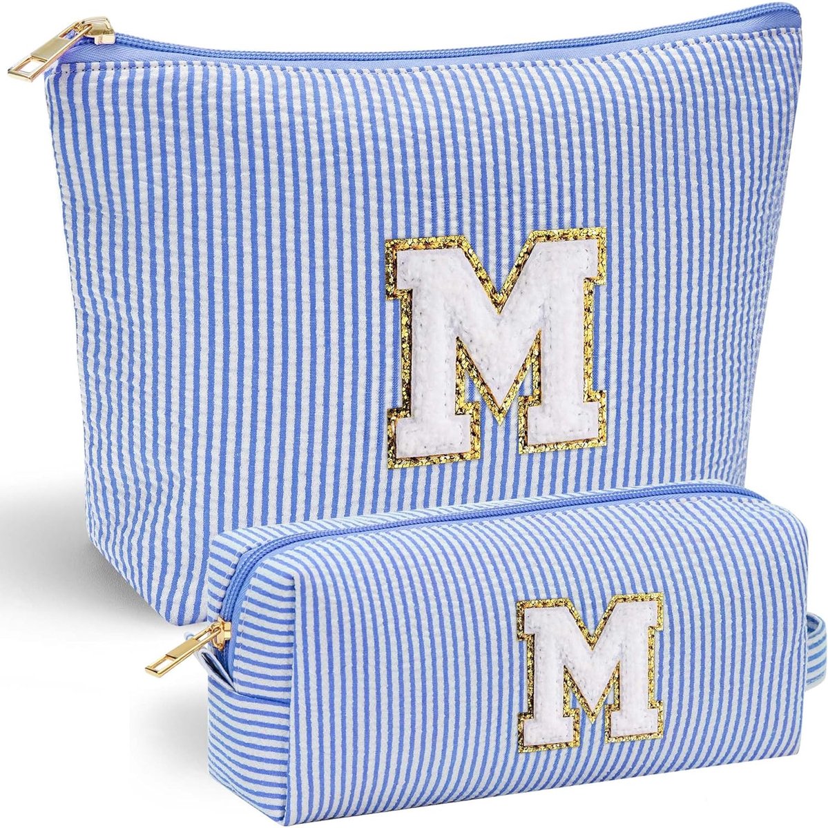 SnelShoppen - Makeup Tas voor Vrouwen en Meisjes, 2 Stuks, Cosmetica Tas, Persoonlijke Letters, Perfecte Verjaardagscadeau, Blauw, M, Ideaal voor Reiz