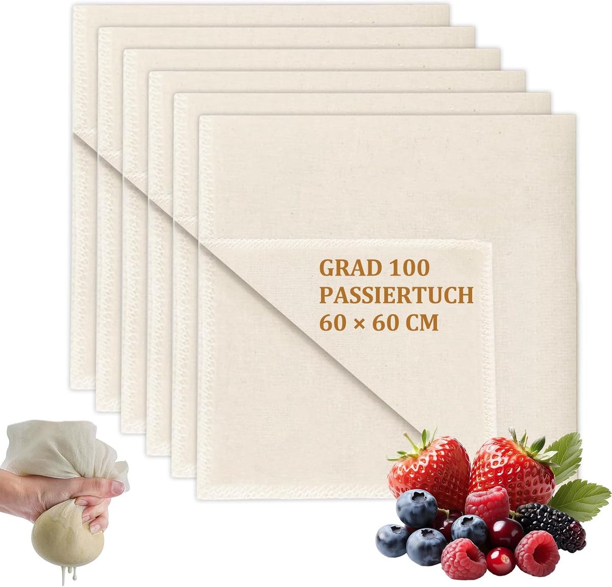 SnelShoppen - 6 Stuks Herbruikbare Kaasdoek, Passeerdoek, Katoen, Zacht, Veilig, 60 x 60 cm voor Keuken, Filtratie, Wasbaar, Perfect voor Koken en Bak