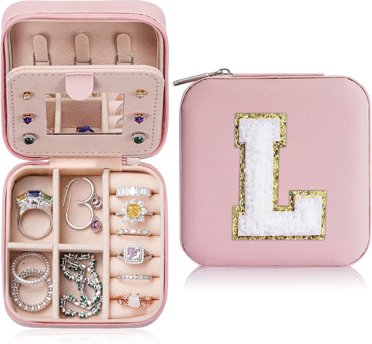 SnelShoppen - Sieradenbox voor Meisjes, Persoonlijk Cadeau met A-Z Letters, Reizen, Roze, Kleine Sieradenopslag, Perfect voor Verjaardagen en Speciale