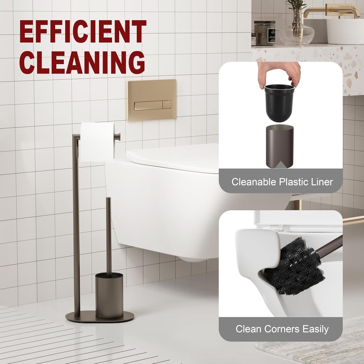 SnelShoppen - Moderne BVL Toilet Set Grey, RVS Toiletpapier Houder met Toiletborstel, Staande Toilet Set voor Badkamer, Elegante Minimalistische Ontwe