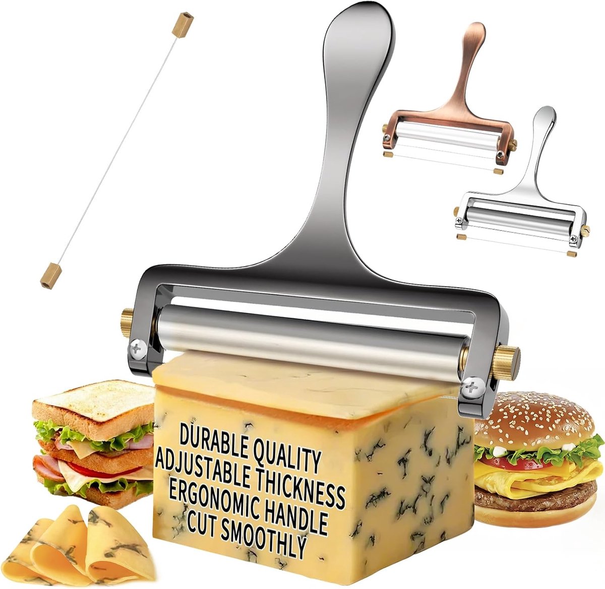 SnelShoppen - Kaassnijder, kaas snijder met RVS draad, ideaal voor Mozzarella, Cheddar, Gouda en meer, robuuste kaas slicer, Gunmetal Grey met extra s