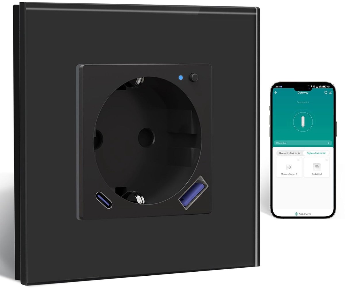 SnelShoppen - ZigBee Smart Wandcontactdoos met USB C 20W Fast Charging - Flush-Mount Socket voor Alexa/Google Home - Slimme Power Meter - Zwart