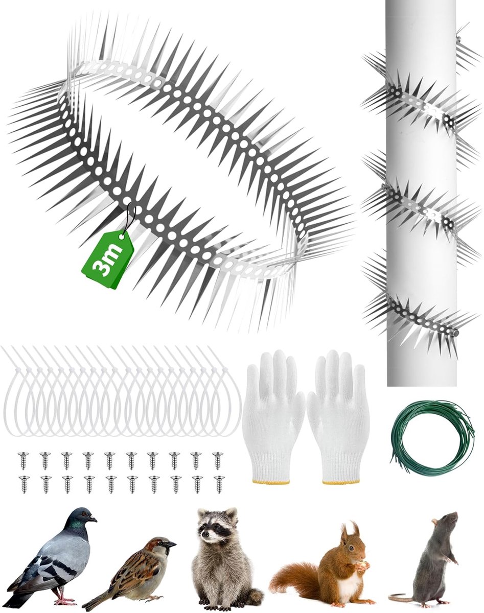 SnelShoppen - Rvs Martenbescherming, 3 m Valpijp met Spikes, Dierenbescherming voor Dakgoot, Balkon en Boom, Effectieve Pigeon Defense