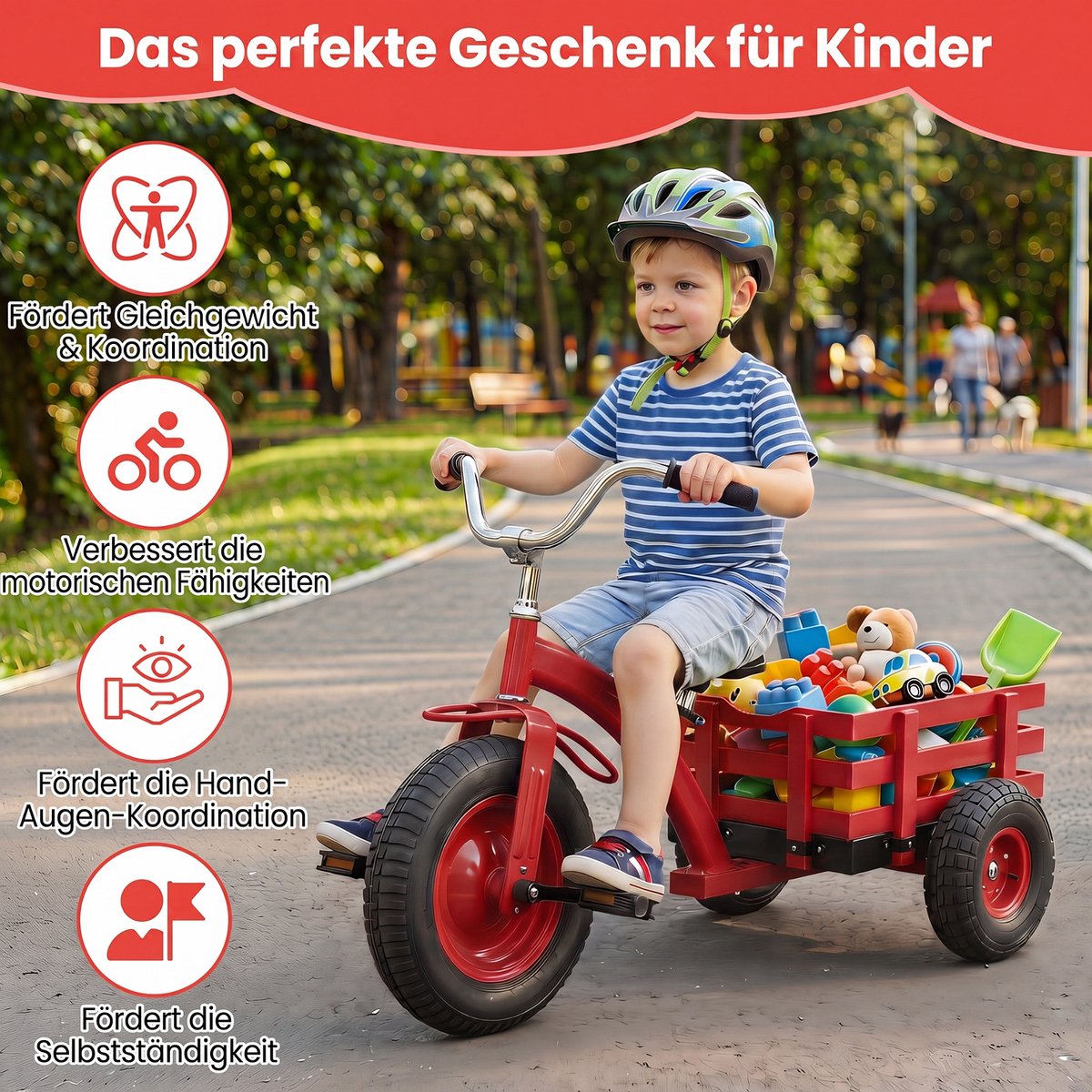 COSTWAY Kinder Driewieler, Loopfiets met aanhangwagen, verstelbaar zadel & stuur (Rood)