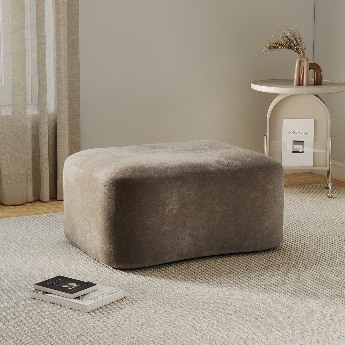 Voetenbankje Fluweelzacht - 96 x 69 x 45 cm - Stoffen Bekleding - Bruin - Voor Binnen in Woonkamer of Slaapkamer - Zonder Montage