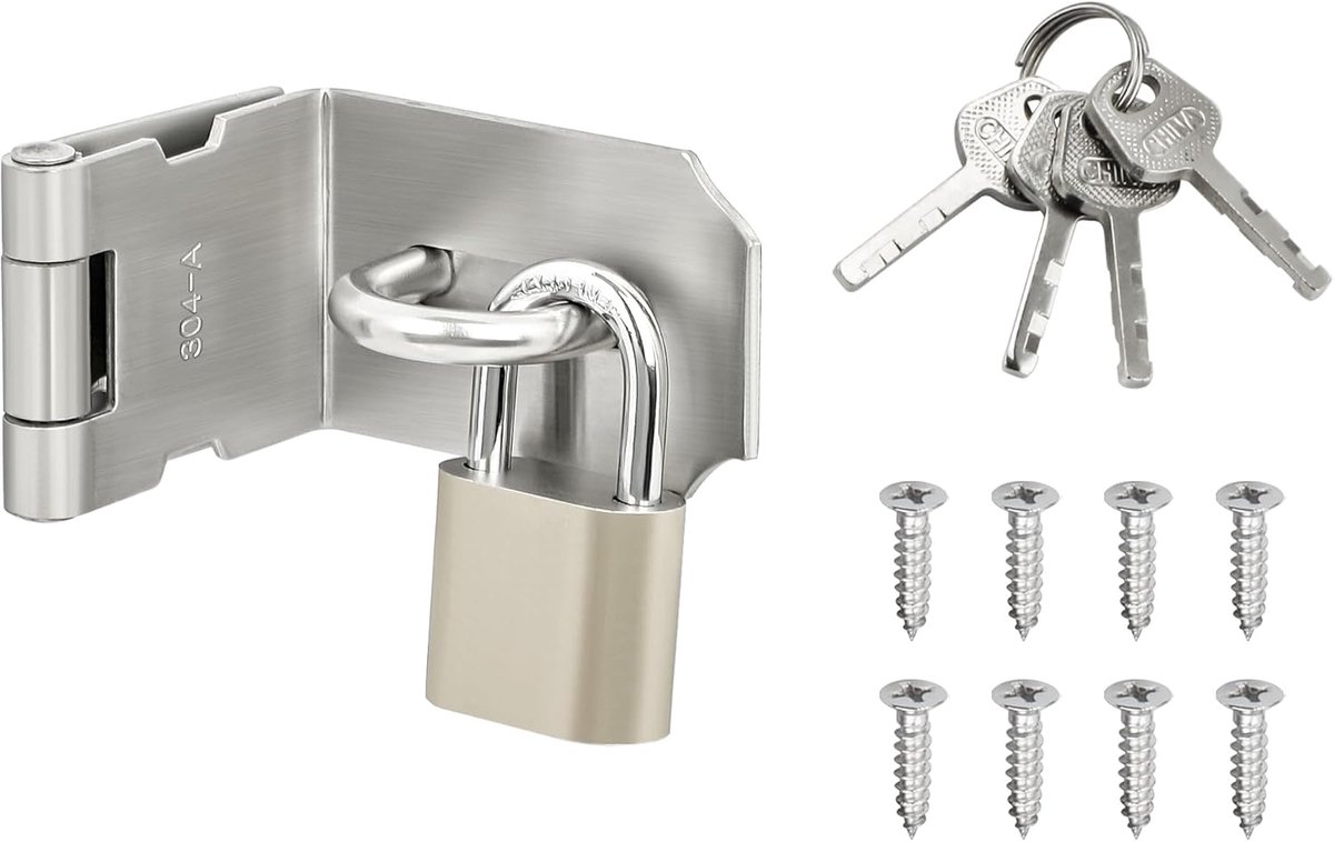 SnelShoppen - RVS Padlock Hasp Lock voor Deuren, Kasten en Lades - Duurzaam en Veilig met 1 Sleutelslot en 4 Sleutels - 90 Graden Brushed Afwerking