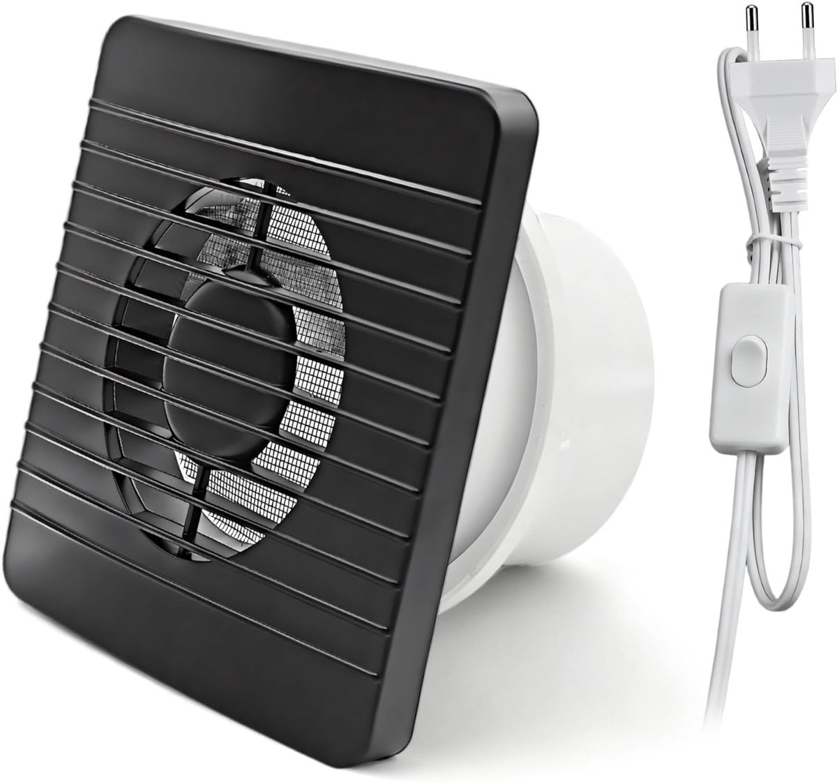 SnelShoppen - 100 mm Badkamerventilator, Keuken Afvoerventilator met Zwart Paneel, Stille Extractorventilator met Mesh en Terugslagklep, 1 m EU-netsno