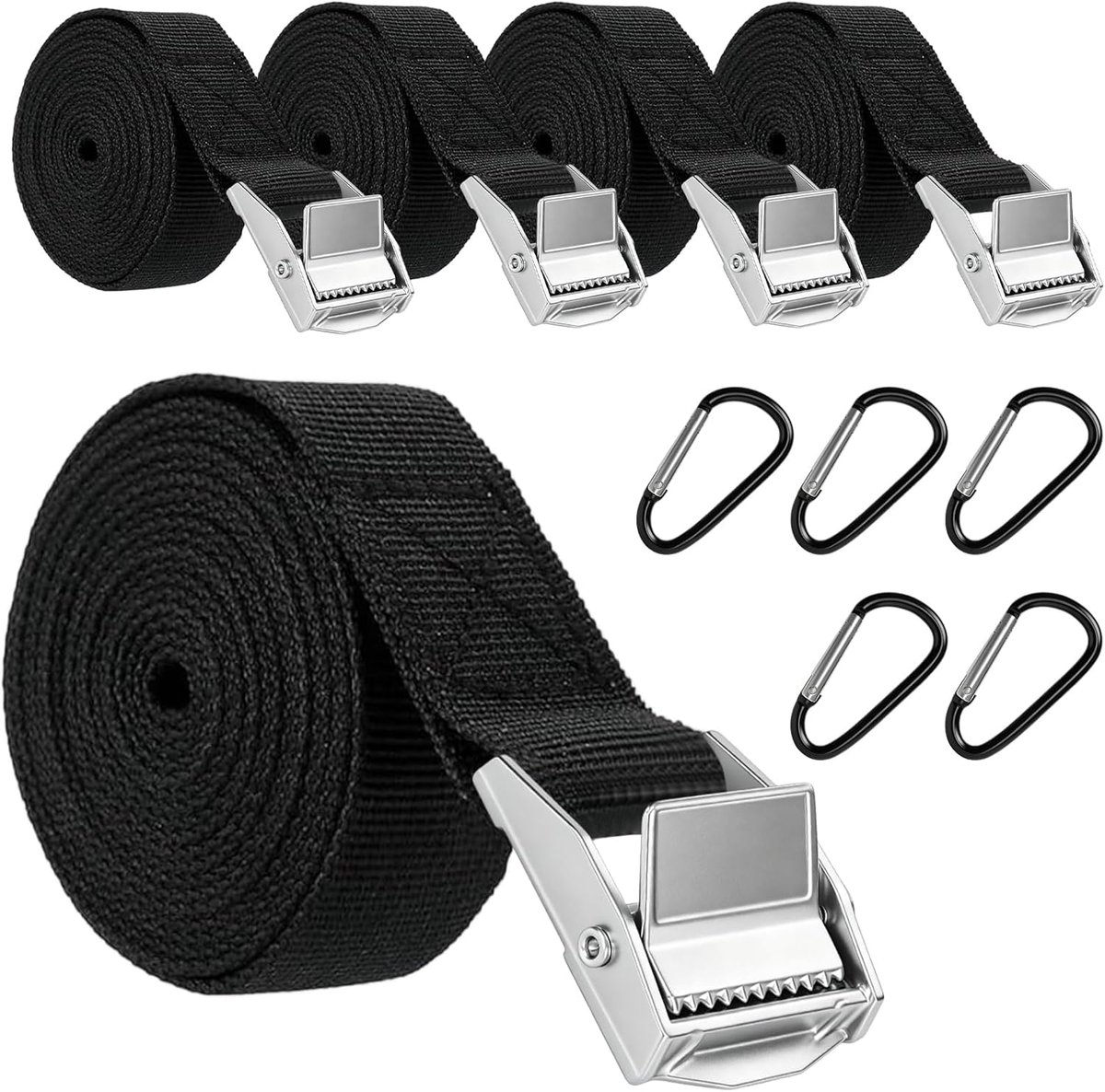SnelShoppen - Lashing Straps 1.5m - 5 Hoogdruk Lashing Belts met Ratchet - Verstelbare Bevestigingsriemen voor Fietsdrager, Auto en Motoren - Zwart -