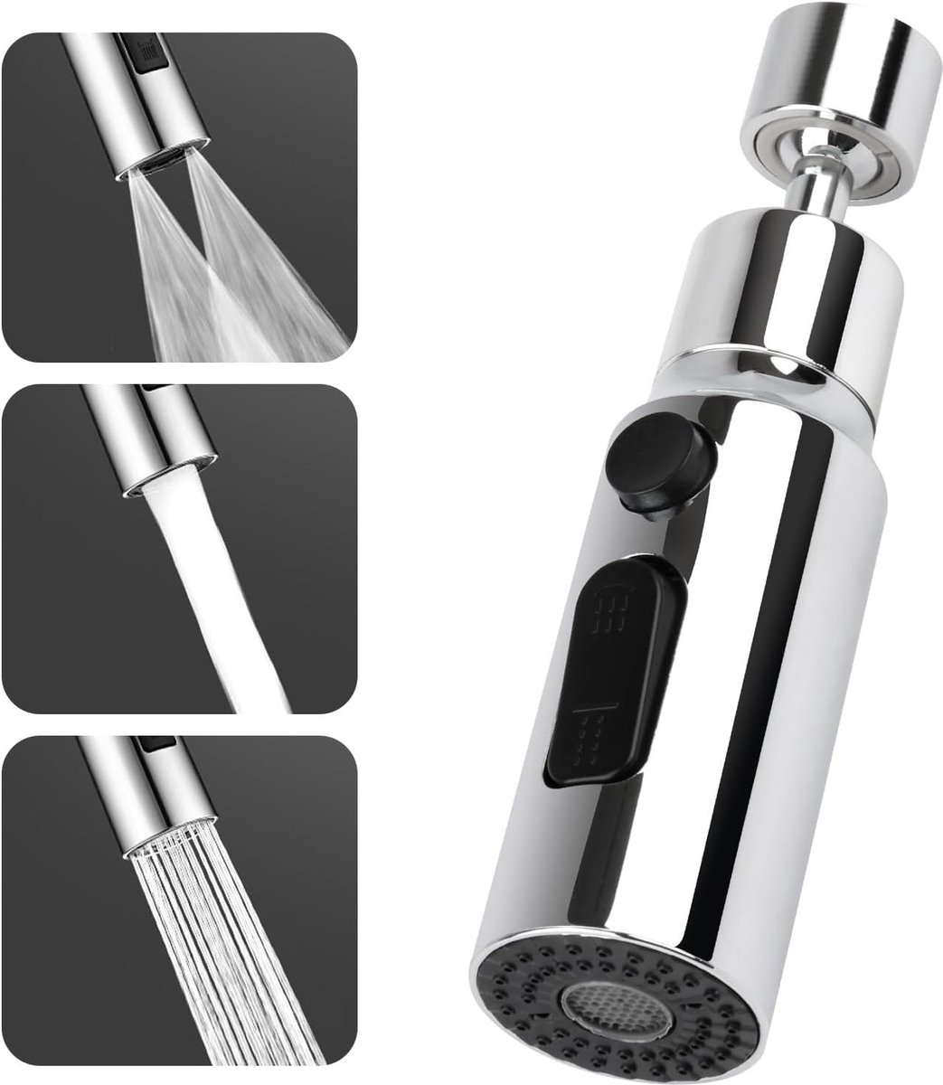 SnelShoppen - Keukenkraan Spraykop 3 Functies 360° Draaibare Kraanverlenging G1/2 Adapter Voor Keuken Spoelbak Accessoires Vervangbare Spuitkop Zilver