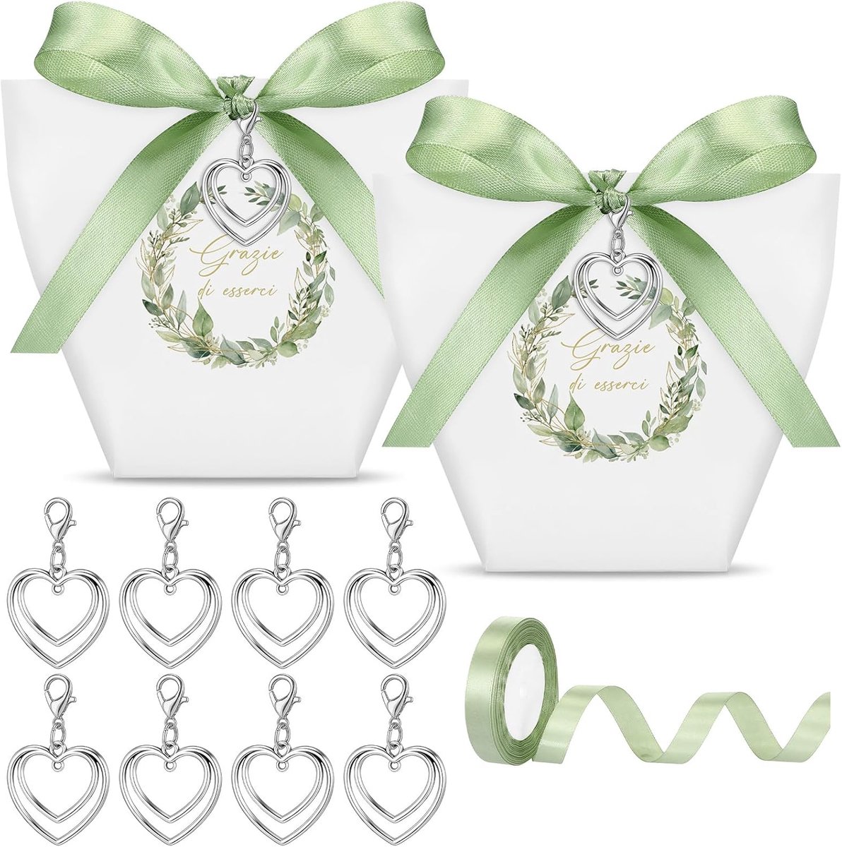 SnelShoppen - 50 Sets Huwelijksbedankjes met Hartvormige Sleutelhangers en Groene Ribbons - Perfect voor Bruiloften, Verlovingen, Communie, Doop en Fe