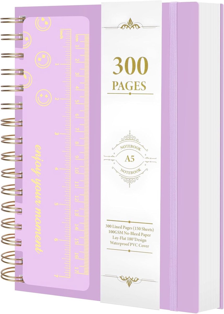 SnelShoppen - A5 Spiraalnotitieboek met 300 Pagina's, Hardcover Notitieblok, Gelinieerd 100 g/m² Papier, Inclusief Stickervel en Liniaal, Perfect voor