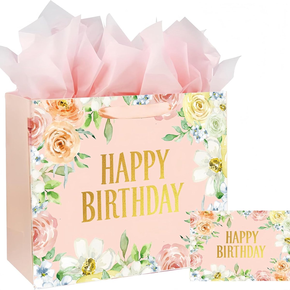 SnelShoppen - Medium Verjaardagscadeauzak met Wenskaart en Rolpapier voor Kinderen, Volwassenen, Mannen en Vrouwen - Bloemen Design