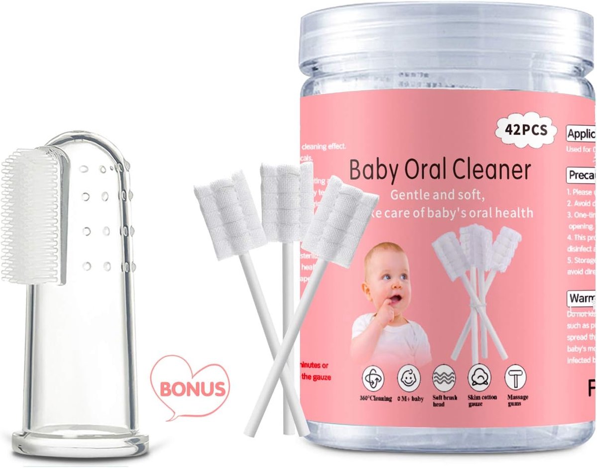 SnelShoppen - Pack van 42 Wegwerp Tandborstel Reinigers, Mesh Tandvleesreiniger, Mondreinigingsstick voor Baby's 0-36 Maanden + Gratis VingerTandborst