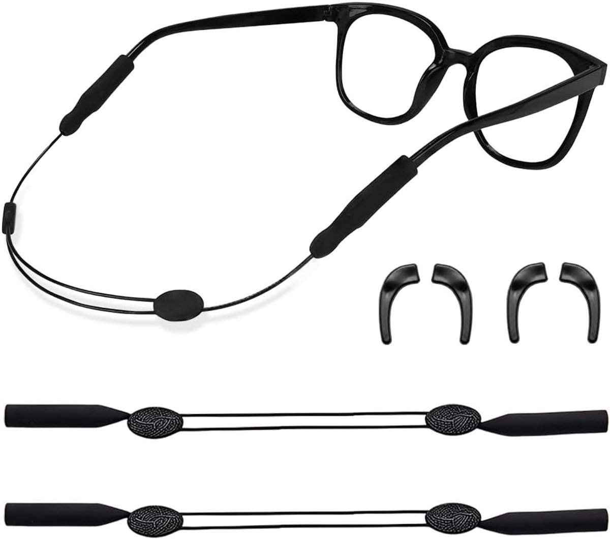 Brillenkoorden en haken set voor sportbrillen, zonnebrillen en leesbrillen, siliconen, zwart, verstelbaar van 17,5-25 cm, 2 stuks