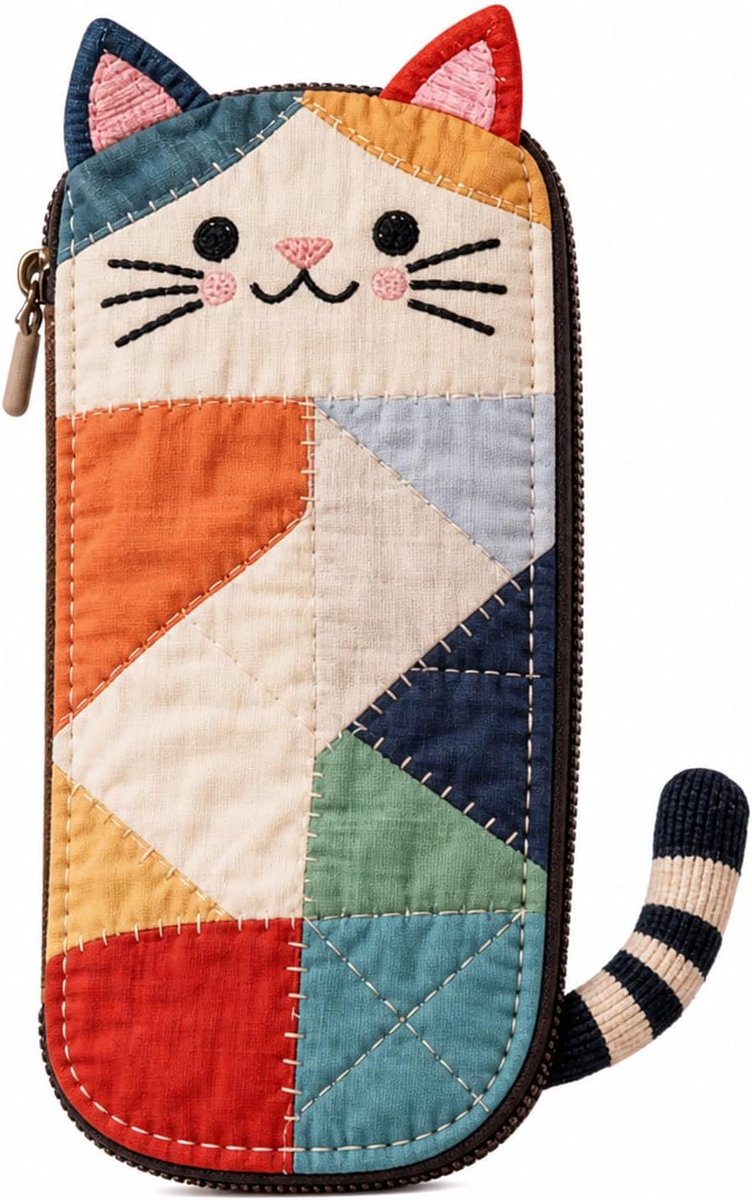 SnelShoppen - Schattige Katten Etui, Zacht Pennen Etui voor Meisjes, Stevige School Etui van Stof met Kleurrijk Patchwork, Ideaal voor School en Vrije
