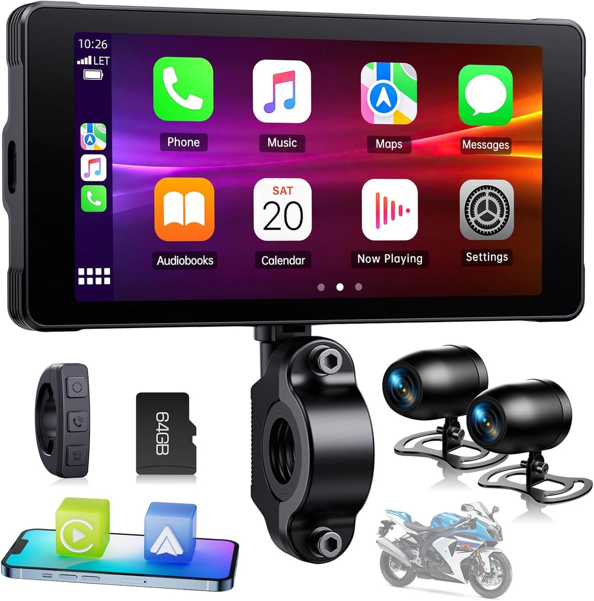 SnelShoppen - Draadloze Motorcycle Screen met 2K + 1080P Dash Camera, 5.5 Inch Touch Screen, Navigatie, Siri/G Eye App en 64TF Card voor Motoren