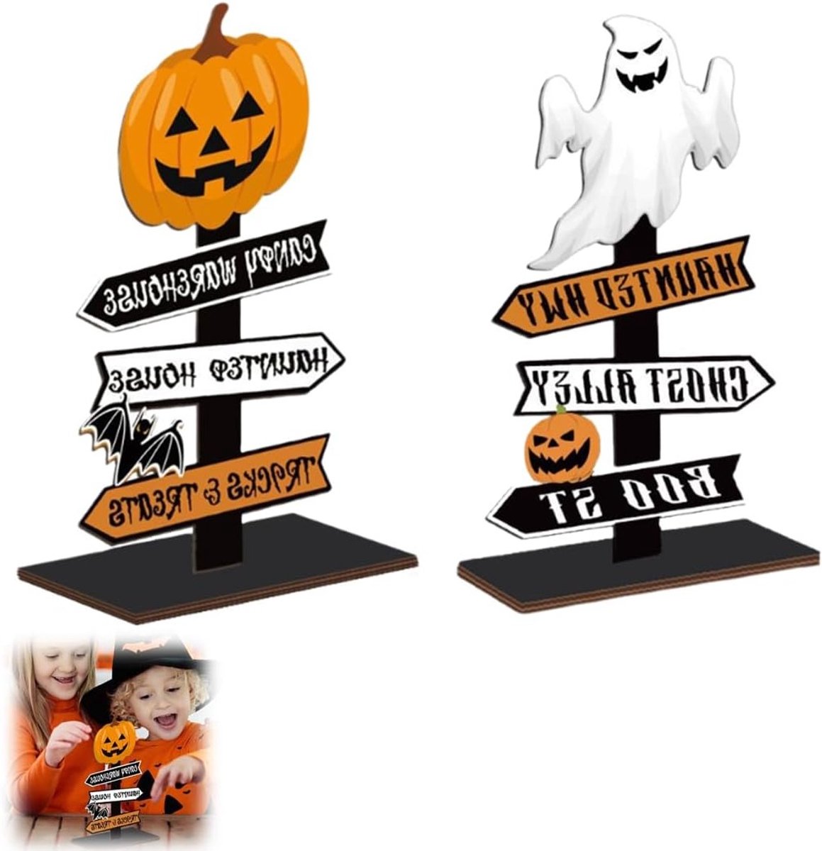 Vrolijke houten tafeldecoratie voor Halloween, 2 stuks met pompoen design, perfect voor kinderfeestjes en knutselwerk, feestelijke tafelversiering voor thuis en evenementen