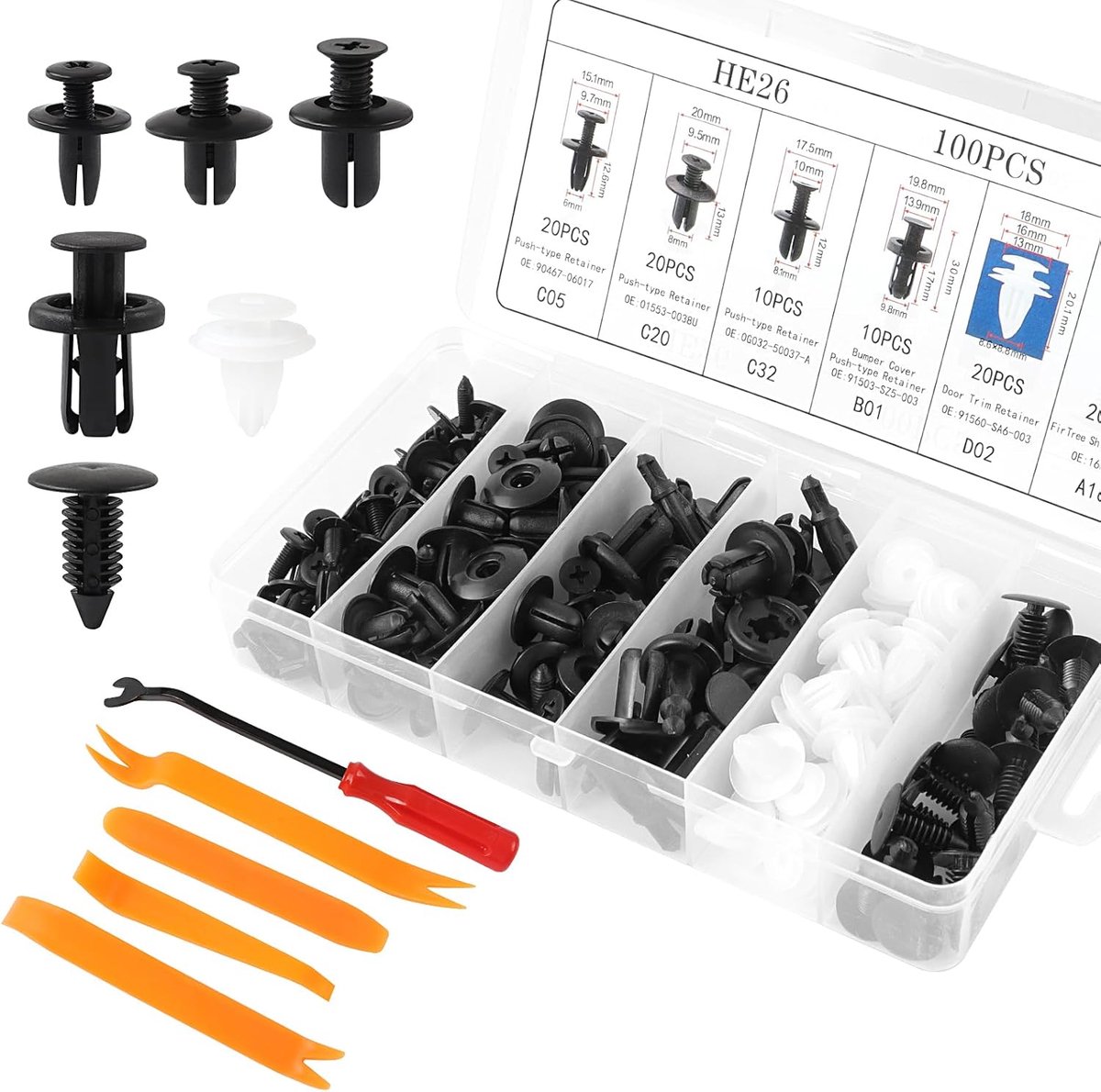 SnelShoppen - Pack van 100 Auto Klemmen met Verwijder Tool en Multifunctionele Sleutel, Universele Plastic Vervangingsrivet voor Bumpers, Deurmoulds e