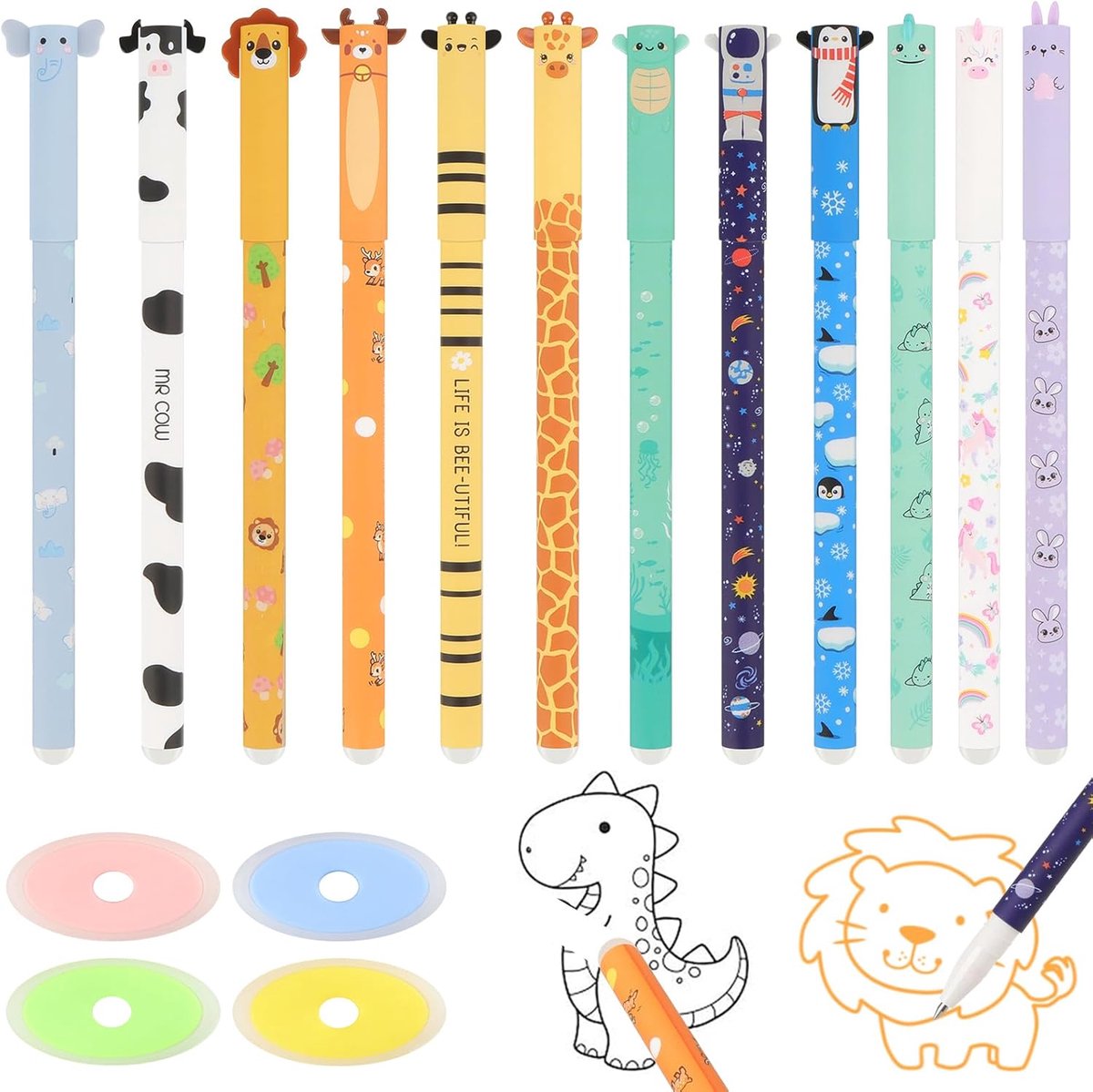 Thijox - 12 Stuks Uitwisbare Gelpennen 0,5 mm in Kleurrijk Dieren-Cartoondesign met 4 Extra Gumjes – Perfect voor Creatief Schrijven en Corrigeren op
