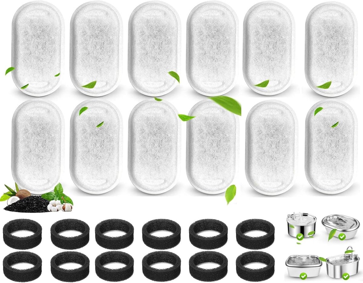 SnelShoppen - 24 Pcs Katten Fontein Filters - 12 Vervangfilters met 12 Sponsen - Geschikt voor 2L/64oz en 3.2L/110oz RVS Dierenwaterdispenser