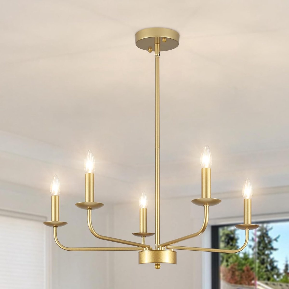 SnelShoppen - 5-Lichts Vintage Gouden Chandelier, Dimbare Plafondlamp voor Woonkamer, Eetkamer, Slaapkamer, Keuken, Hoogte Verstelbaar, 24x61cm