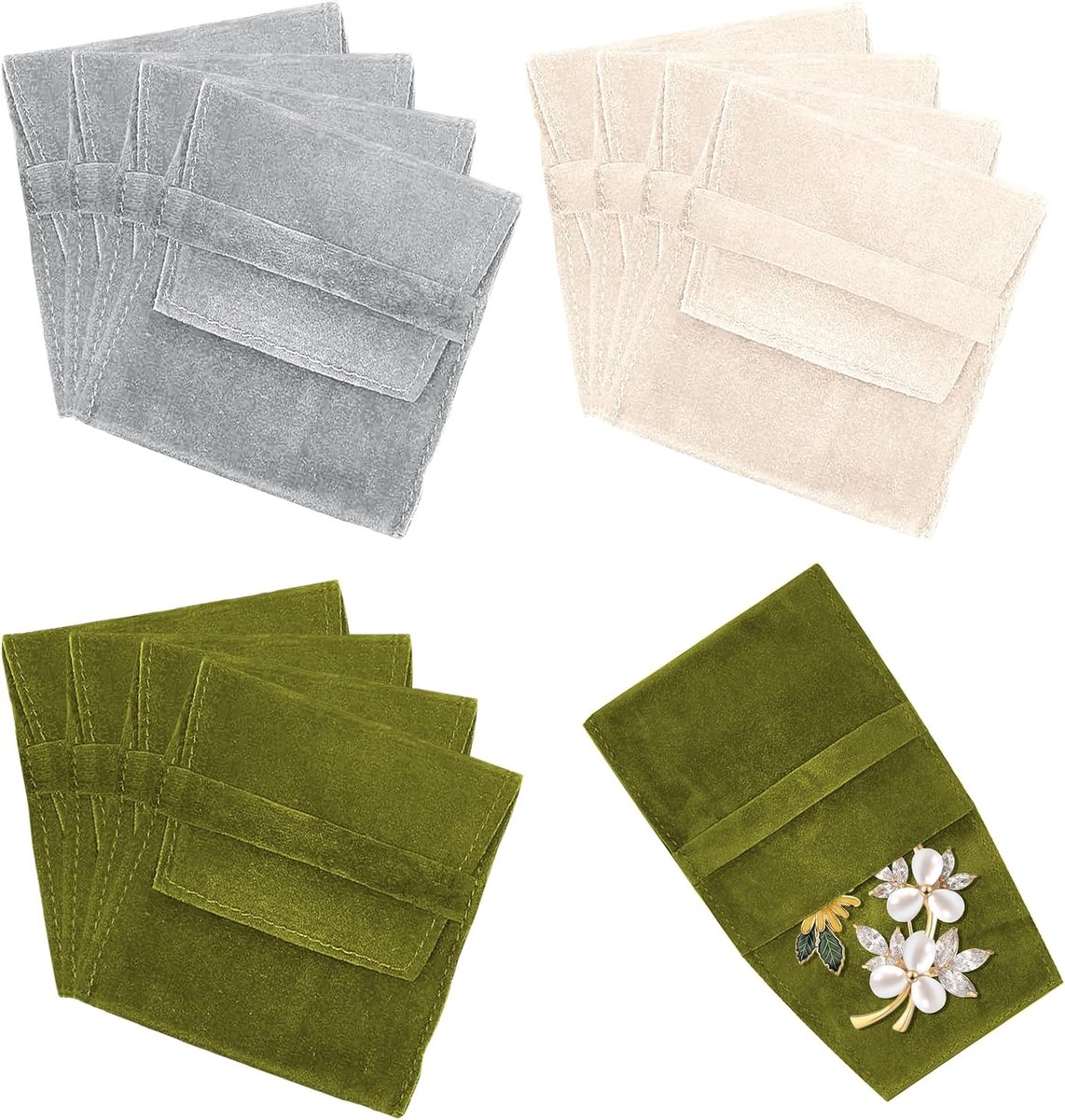 SnelShoppen - Microfiber Jewelry Pouch Set van 12 Stuks, 9x9cm Kleine Sieraden Tassen in Grijs, Beige en Groen voor Ringen, Armbanden, Kettingen en Oo