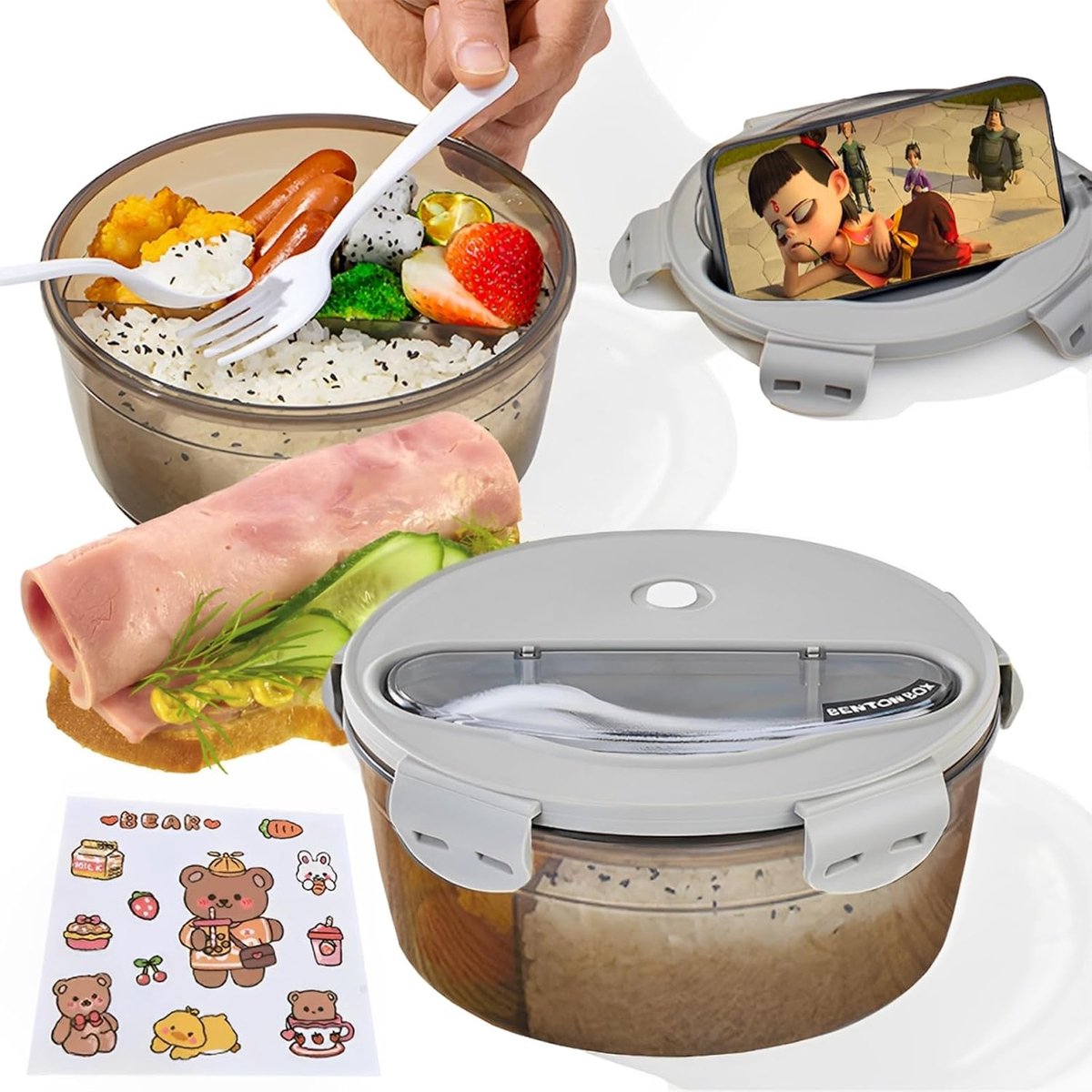 SnelShoppen - Ronde Brooddoos met 3 Compartimenten, Magnetronbestendige Lunchbox met Bestek, Lekvrij, Ideaal voor Kinderen en Volwassenen, Grijs