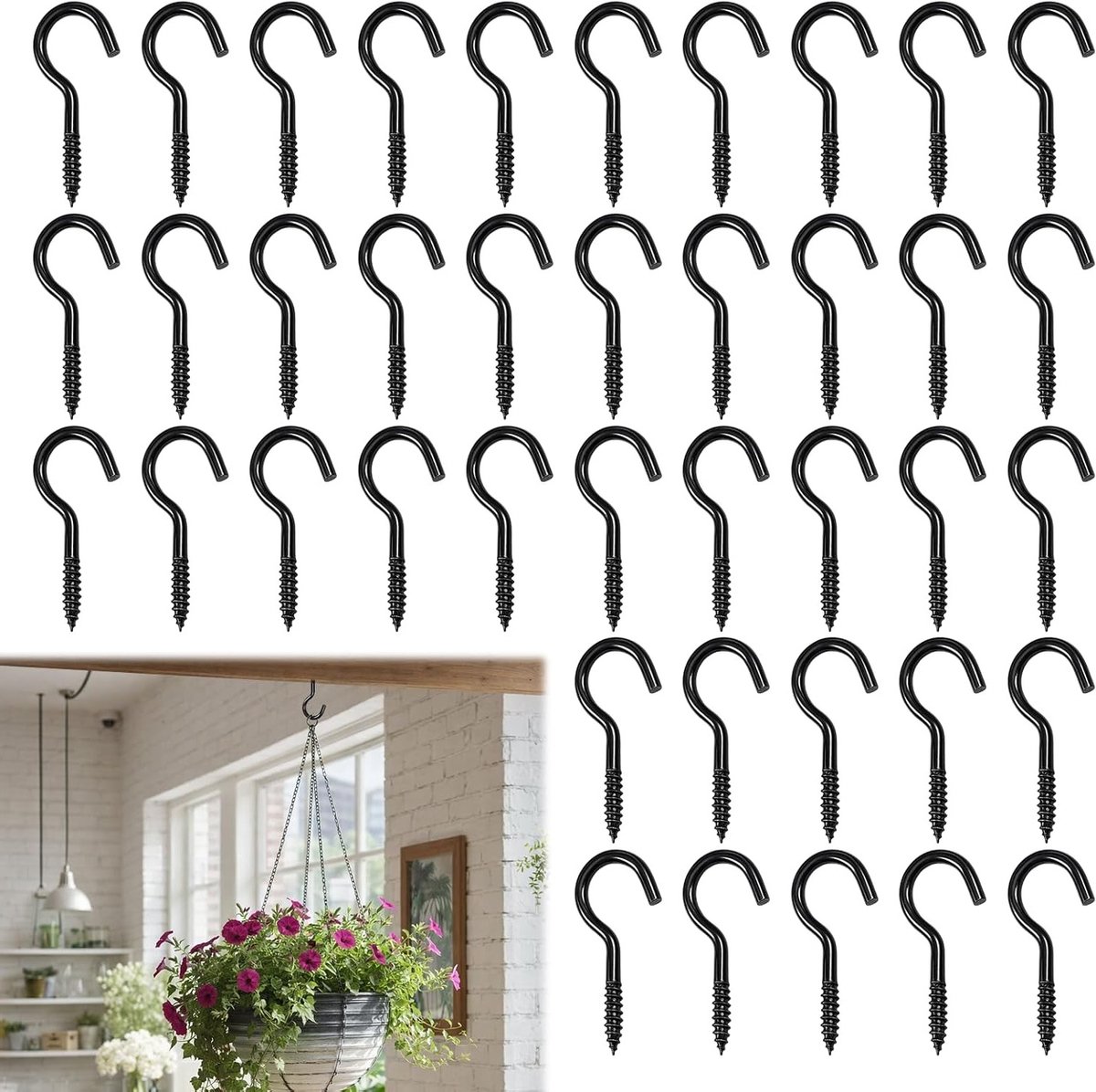 Kleine zwarte schroefhaken set van 40 stuks voor het ophangen van planten, theekopjes en sfeerverlichting
