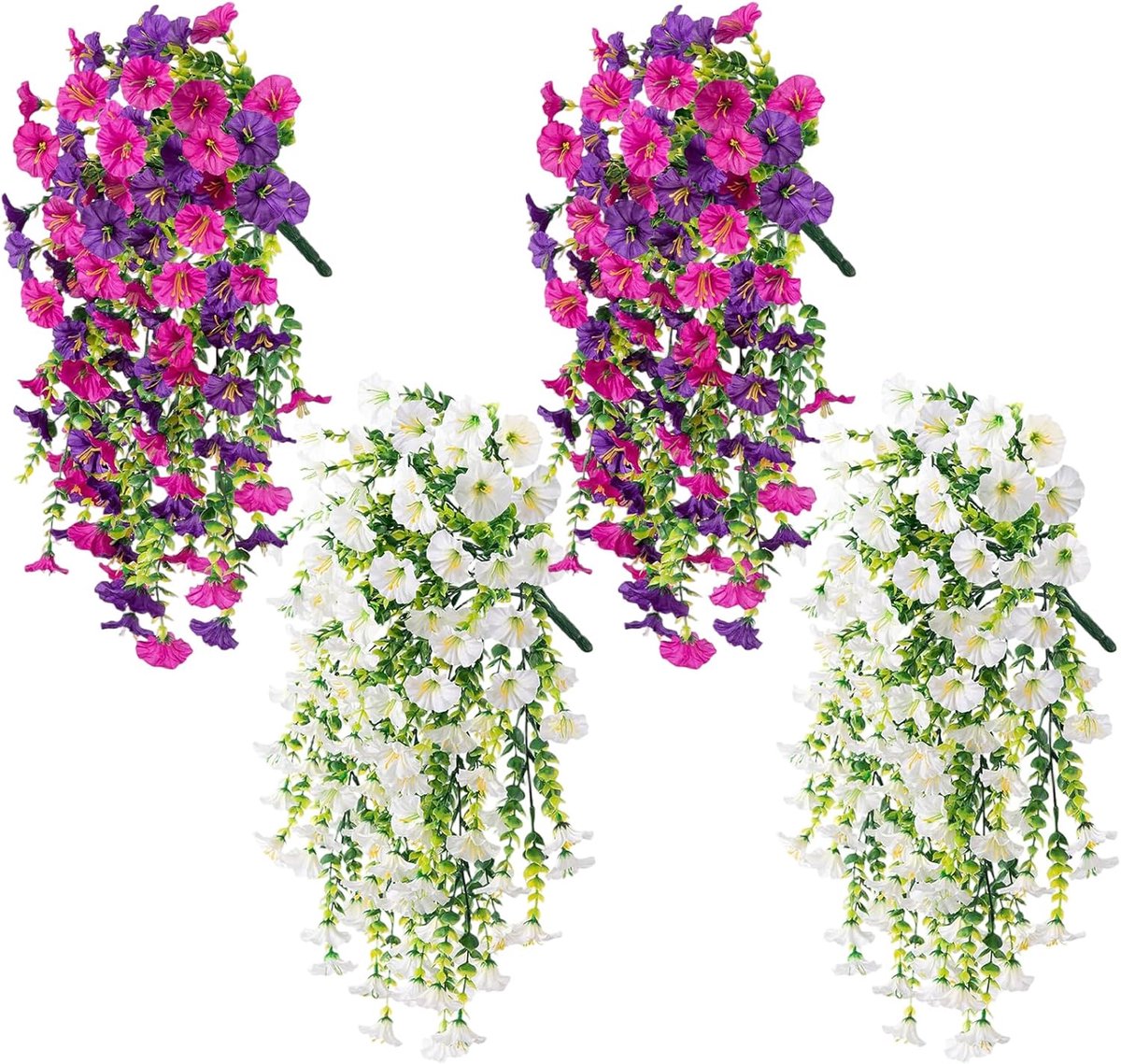 SnelShoppen - 4 Pack Kunstbloemen - 75cm Hangende Witte en Paars Rode Morning Glory Klimplanten | UV Bestendige Buitendecoratie met Verwijderbare Bloe