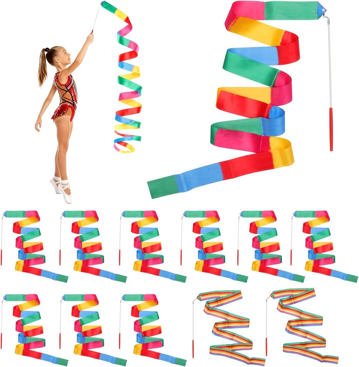 SnelShoppen - Set van 12 Dansbanden met Handvat voor Kinderen, Gymnastiekband, Multicolour Swingband voor Feestjes en Dans, Ideaal voor Kinderen, Spor