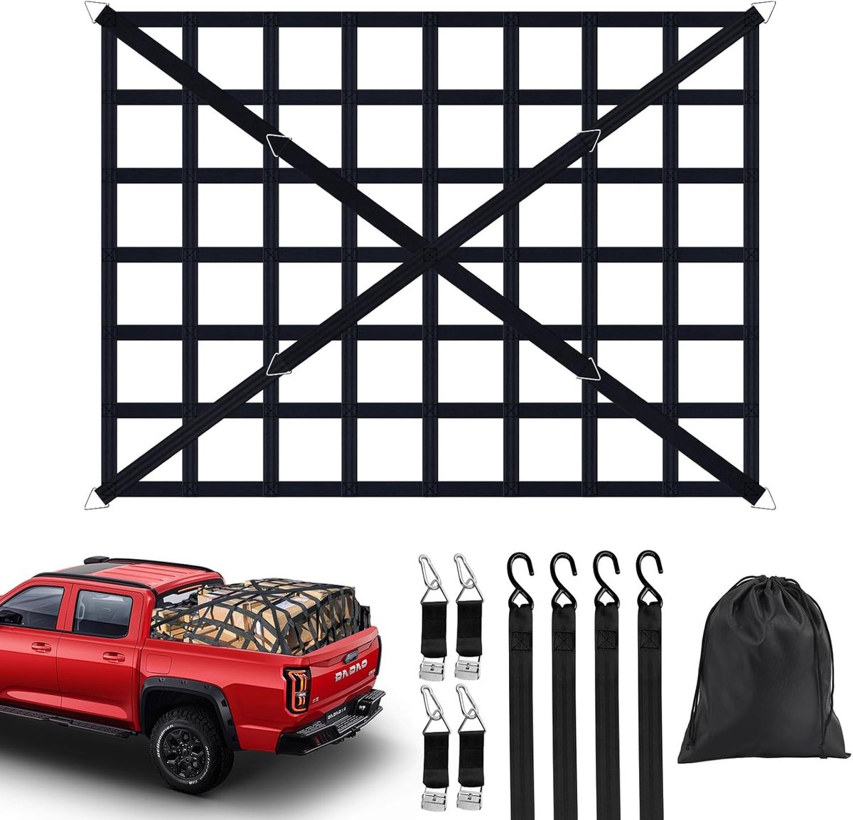 SnelShoppen - Bagagenet voor Pick-up Vrachtwagen Laadoppervlak - Verstelbaar Scheurvast Vrachtnet incl. 4 Vaste Riemen 167x127 cm Zware Belasting Acht