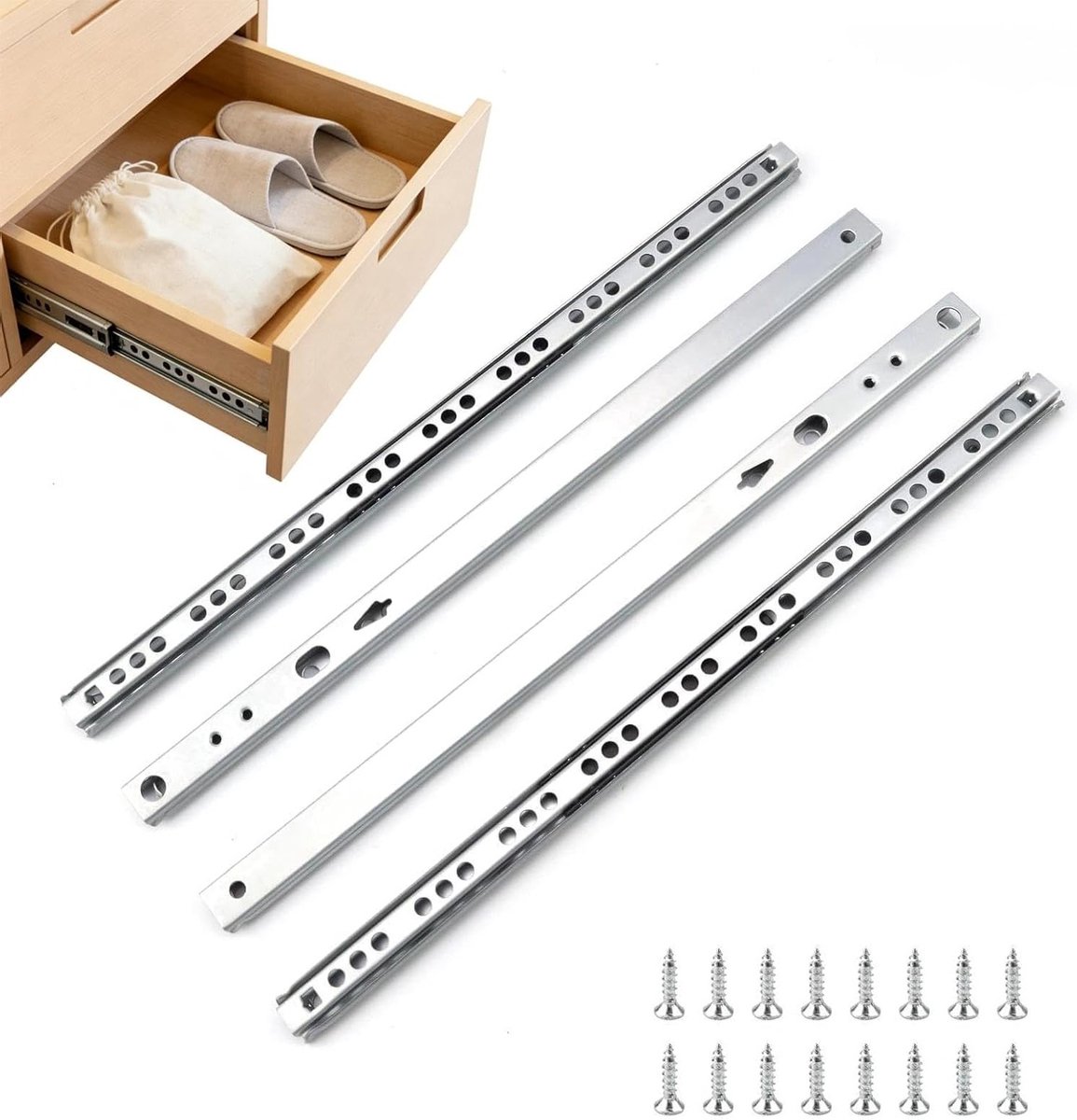 Onderbouw ladegeleiders met 2-weg extensie, 310 mm tot 490 mm, 2 paar, gegalvaniseerd staal, voor keukenlades en 17 mm uitsparingen