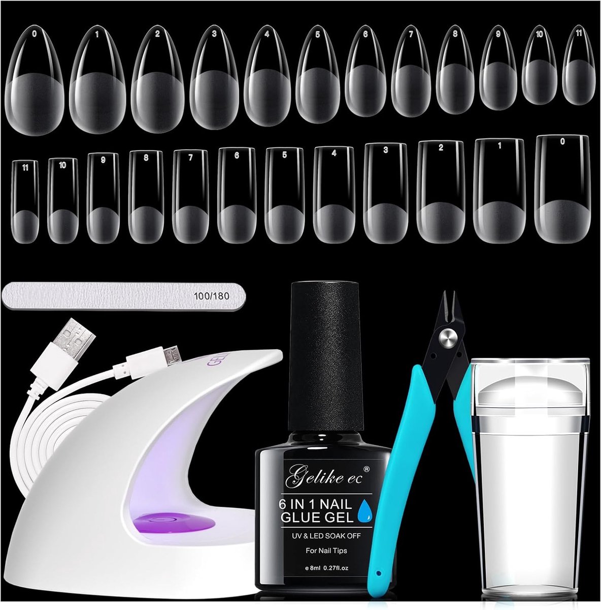 SnelShoppen - Gelike EC Nail Tips en Nail Glue Kit - 240 Soft Gel Nageltips - Mini UV/LED Nagellamp - 6-in-1 Nagellijm - Franse Nagelstempel - Medium