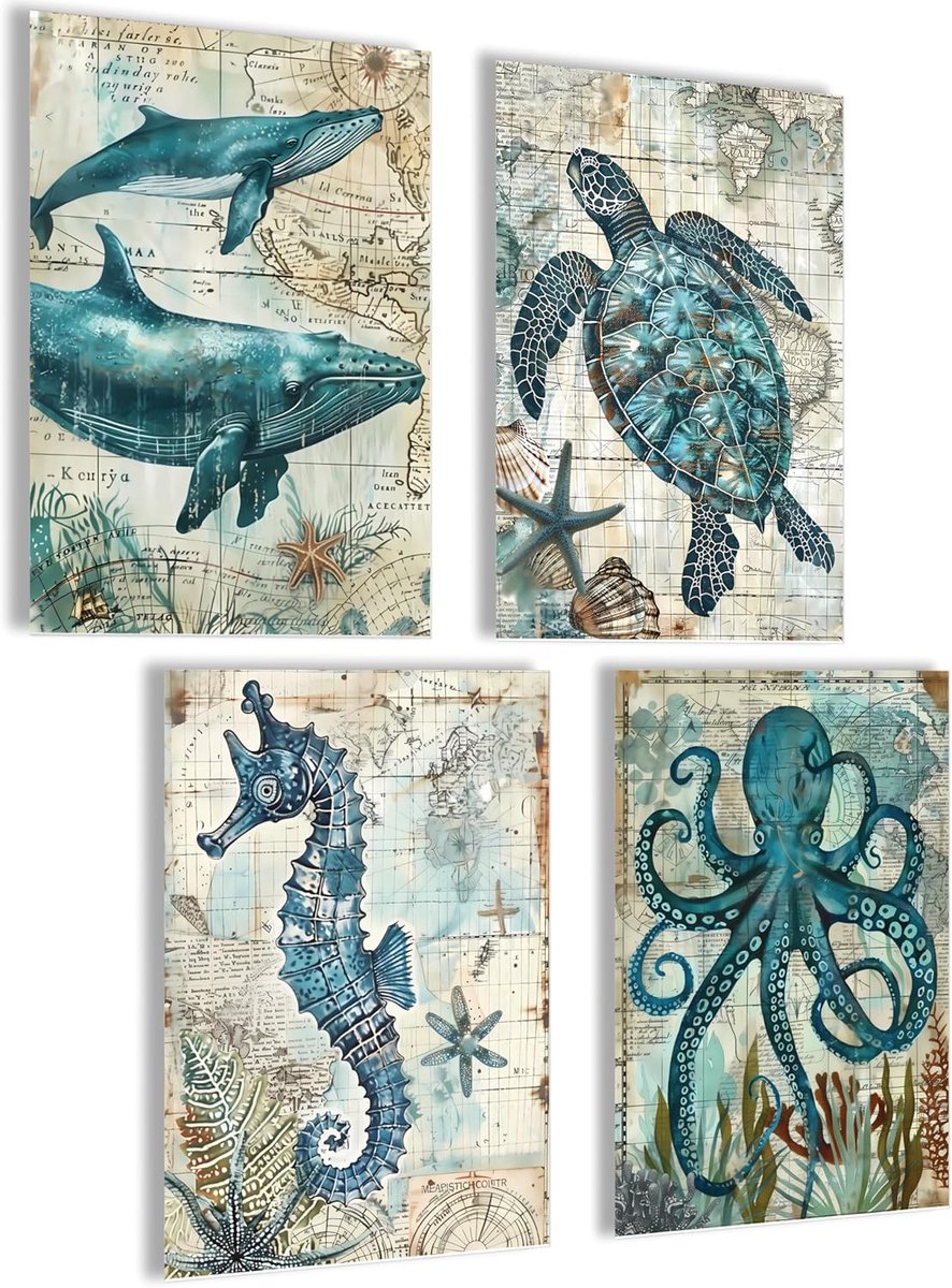 SnelShoppen - Mojoliving Zeedieren Badkamer Wanddecoratie - Walvis Schildpad Inktvis Zeepaard A4 - Kleurige Toilet Posters voor Gastentoilet - Hoogwaa