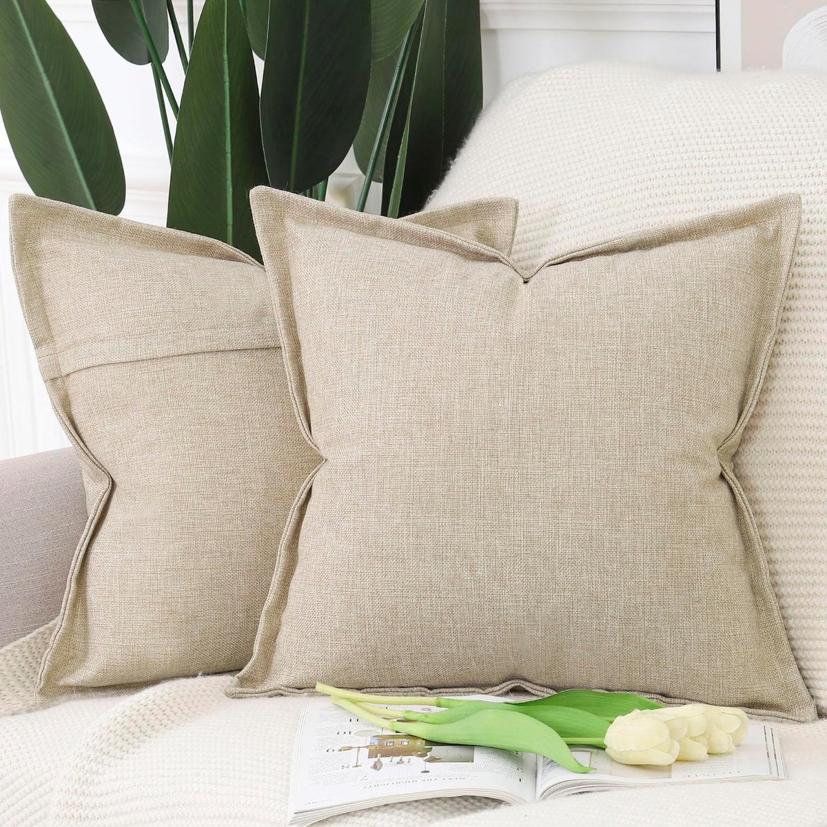 SnelShoppen - Set van 2 Imitatie Linnen Kussenslopen met Brede Rand - Zachte Decoratieve Kussenhoezen voor Bank en Slaapkamer - Beige 40 x 40 cm - Vie