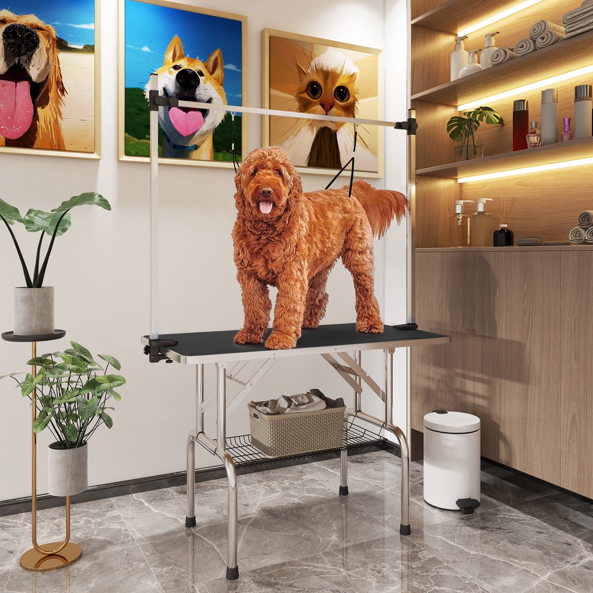 FloraGrace Trimtafel – Verstelbaar En Inklapbaar – 107 x 60 x 170 cm – Metaal En Rubber – Zwart – Voor Hondenverzorging Met Onderkorf
