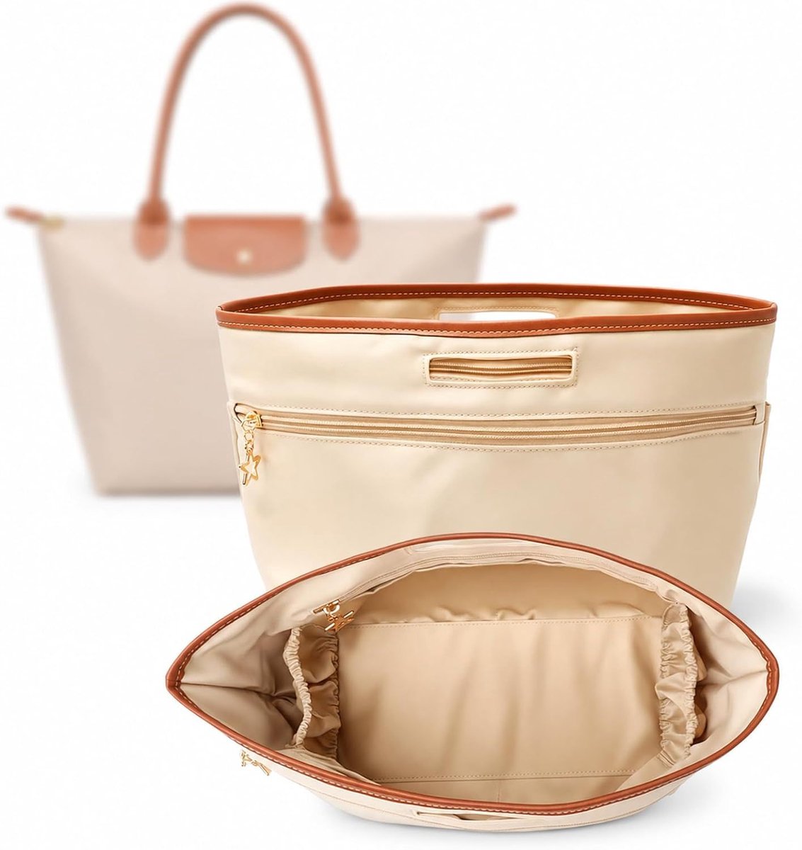 Tas Geschikt voor Handtas - Luxe Zijden Bag Organizer met 11 Vakken en Bekerhouder - Handtas Insert met Handvat - Opvouwbaar - Beige - Maat M