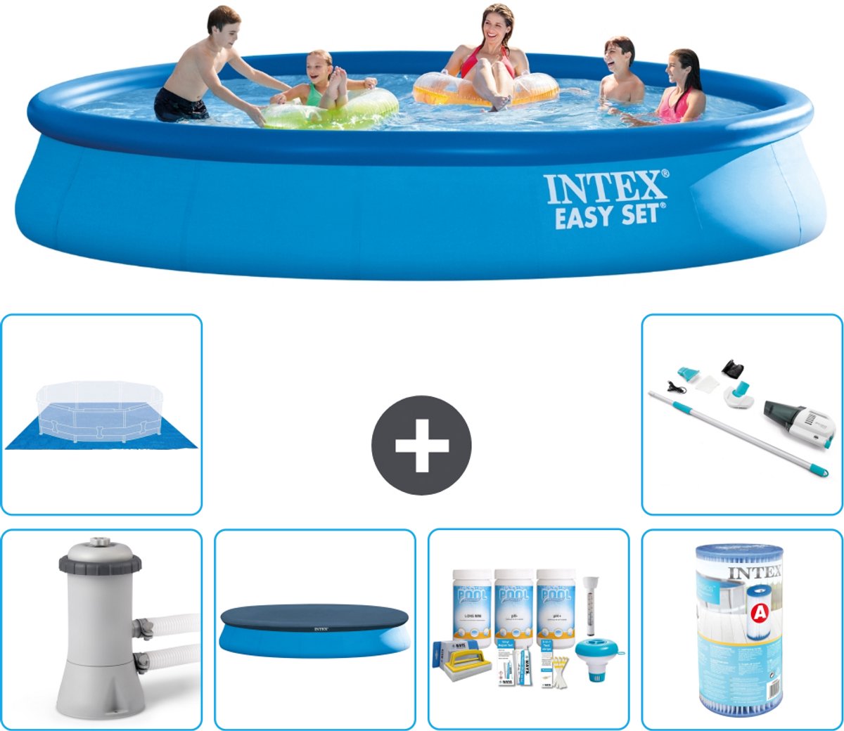 Intex Rond Opblaasbaar Easy Set Zwembad - 457 x 84 cm - Blauw - Inclusief Pomp - Afdekzeil - Onderhoudspakket - Filter - Grondzeil - Stofzuiger - 7-delig
