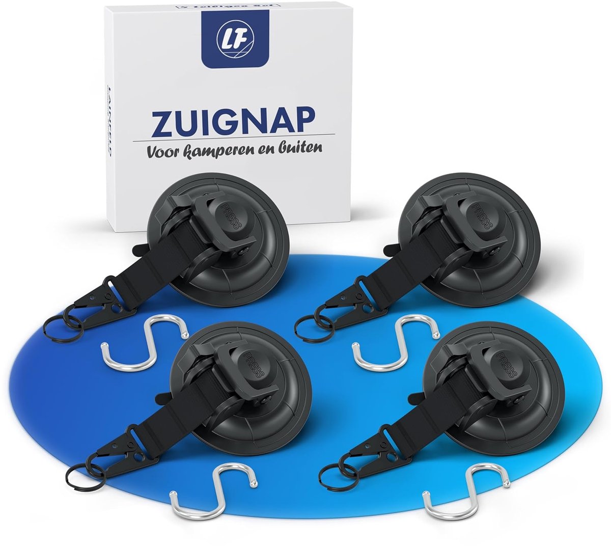 SnelShoppen - Pack van 4 Extra Sterke Suction Cups met Karabijnhaak en Grote Haken voor Camping, Auto, Balkon, Ideaal voor Afdak en Zeilen