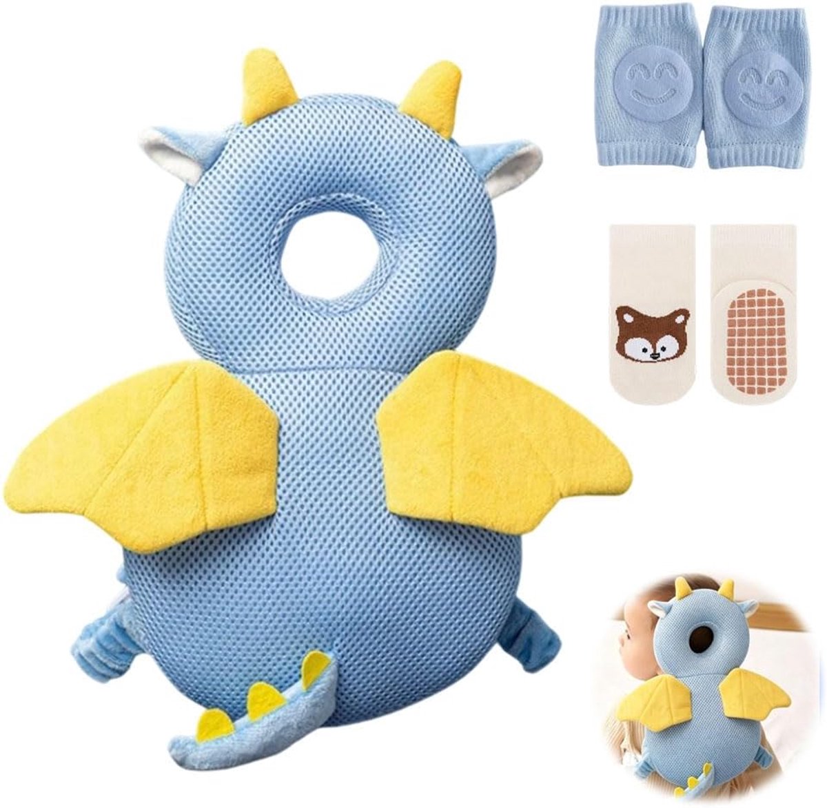 SnelShoppen - Baby Hoofd Bescherming, Verstelbare Rugzak Set met Kniebeschermers en Sokken, Ademend Baby Rugbeschermer voor Kruidige (Draak)