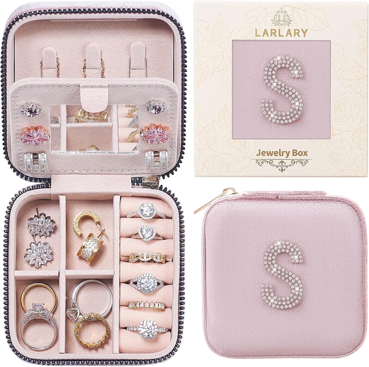 SnelShoppen - Travel Jewellery Box voor Ringen, Oorbellen, Kettingen en Armbanden - Gepersonaliseerde Letter - Roze (S) - Perfect voor Reizen, Feesten