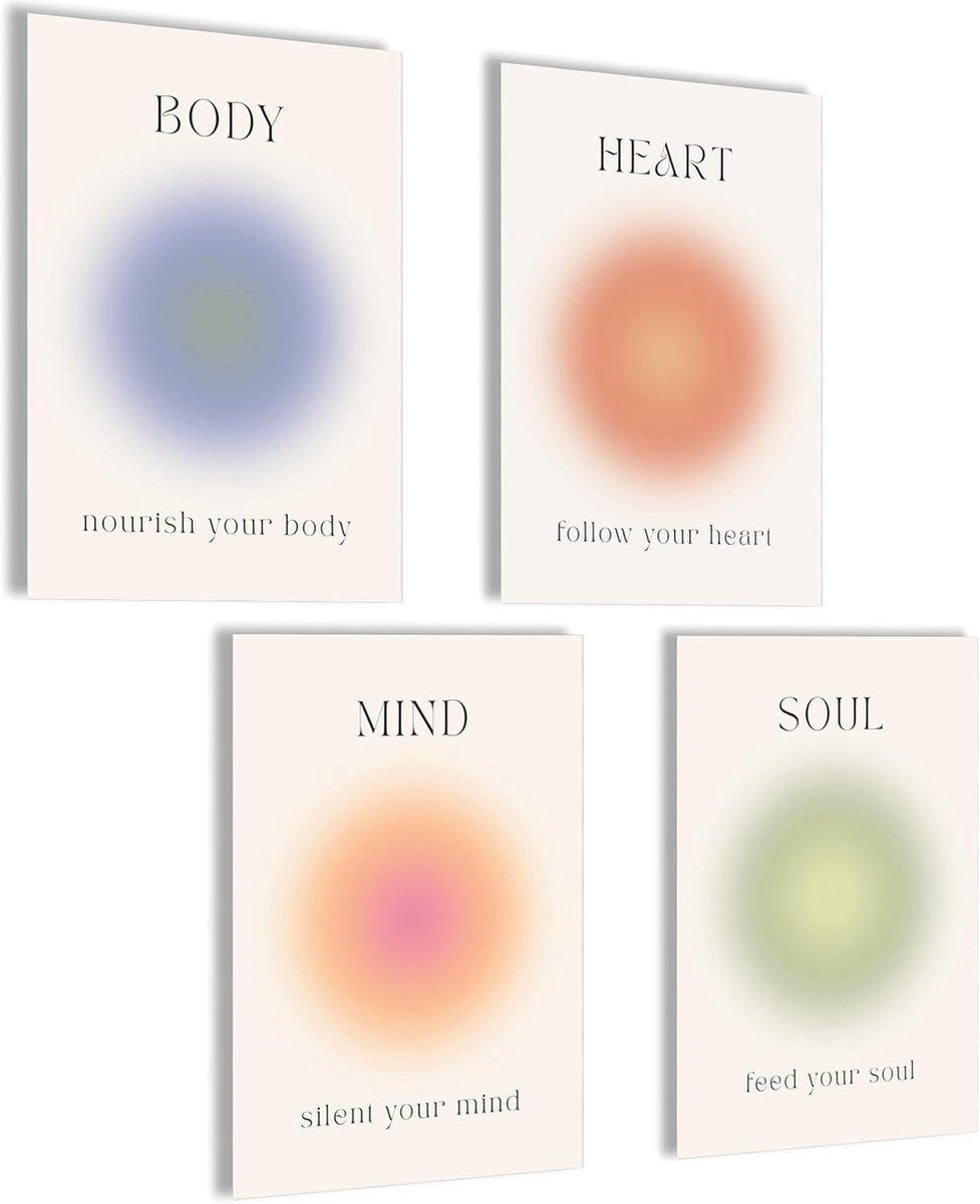 SnelShoppen - Aura Poster Set voor Wanddecoratie - Aesthetic Yoga Posters - Body Mind Soul Heart Thema - Preppy Y2K Stijl - Hoogwaardige Mat Papier -