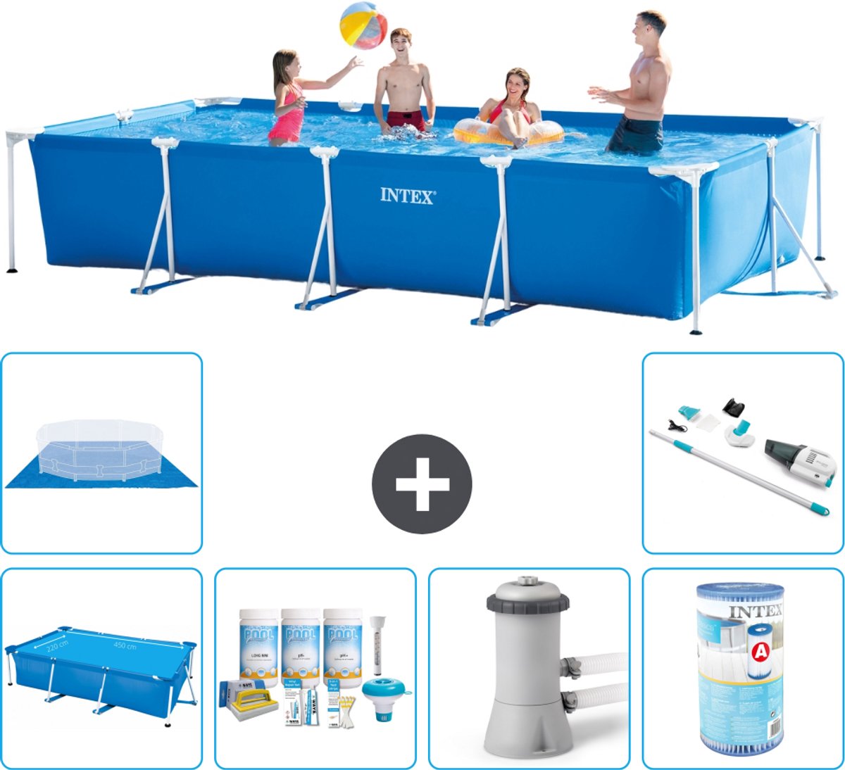 Intex Rechthoekig Frame Zwembad - 450 x 220 x 84 cm - Blauw - Inclusief Solarzeil - Onderhoudspakket - Zwembadfilterpomp - Filter - Grondzeil - Stofzuiger - 7-delig