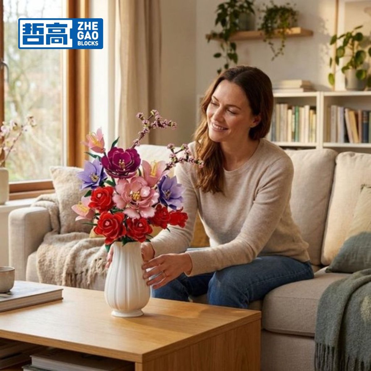 Zhe Gao 11309 Pioenrozen kunst bloemen bouwset | Botanical Flowers Collection modelbouw | Classic Creator STEM speelgoed bouwpakket voor volwassenen en kinderen | Educatief decoratie Kunstbloemen niet geschikt voor Lego | bouwdoos met 769 bouwstenen — afbeelding 4