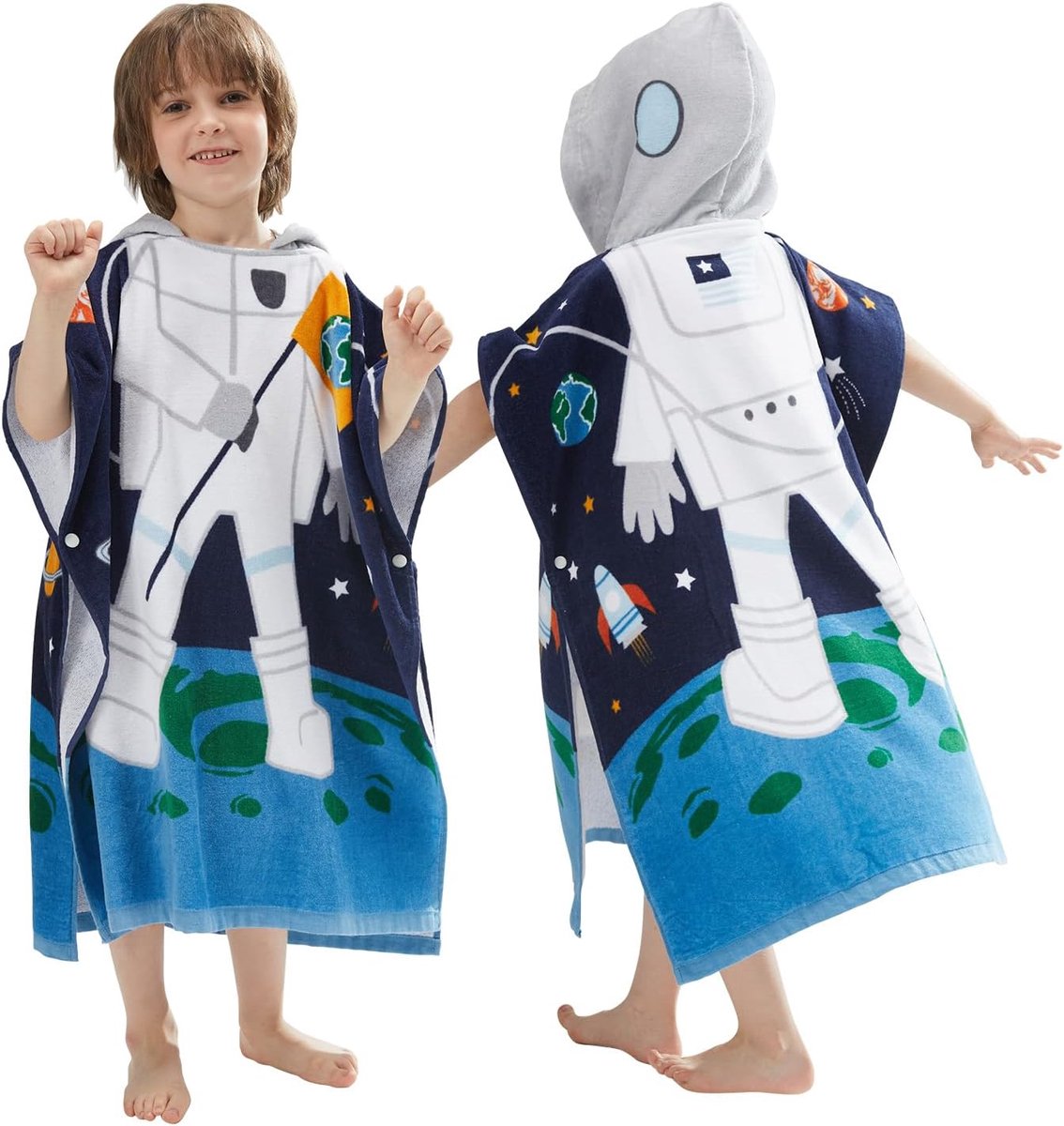 SnelShoppen - Kids Hooded Towel Badstrand Poncho - Zacht Katoen - Absorberend - Astronaut - 3-4 Jaar (84-109cm) - Ideaal voor Bad, Zwembad, Camping en
