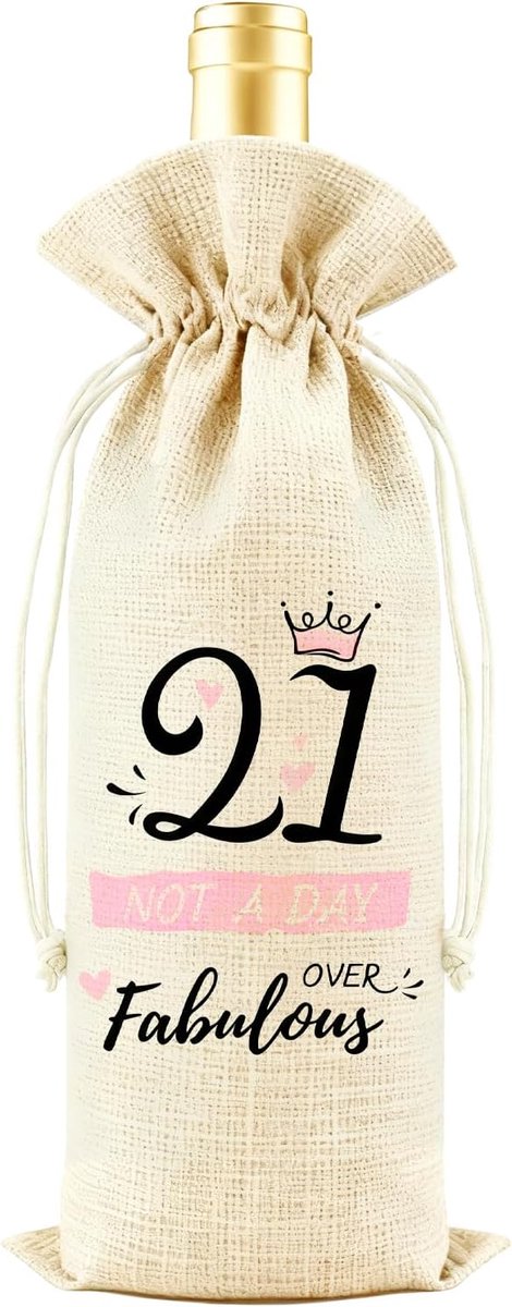 SnelShoppen - 21ste Verjaardag Cadeau Tas, Linnen Trekkoord Fles Tas voor Wijn, Duurzaam en Herbruikbaar, Grappige 'Not A Day Over Fabulous' Ontwerp v