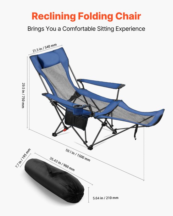 Opvouwbare campingstoel, relaxstoel met 4 verstelbare standen, comfortabele stoel met bekerhouder, strandstoel van ademend mesh met hoofdsteun en voetensteun, draagvermogen tot 100 kg, ideaal voor buitenactiviteiten, blauw — afbeelding 3