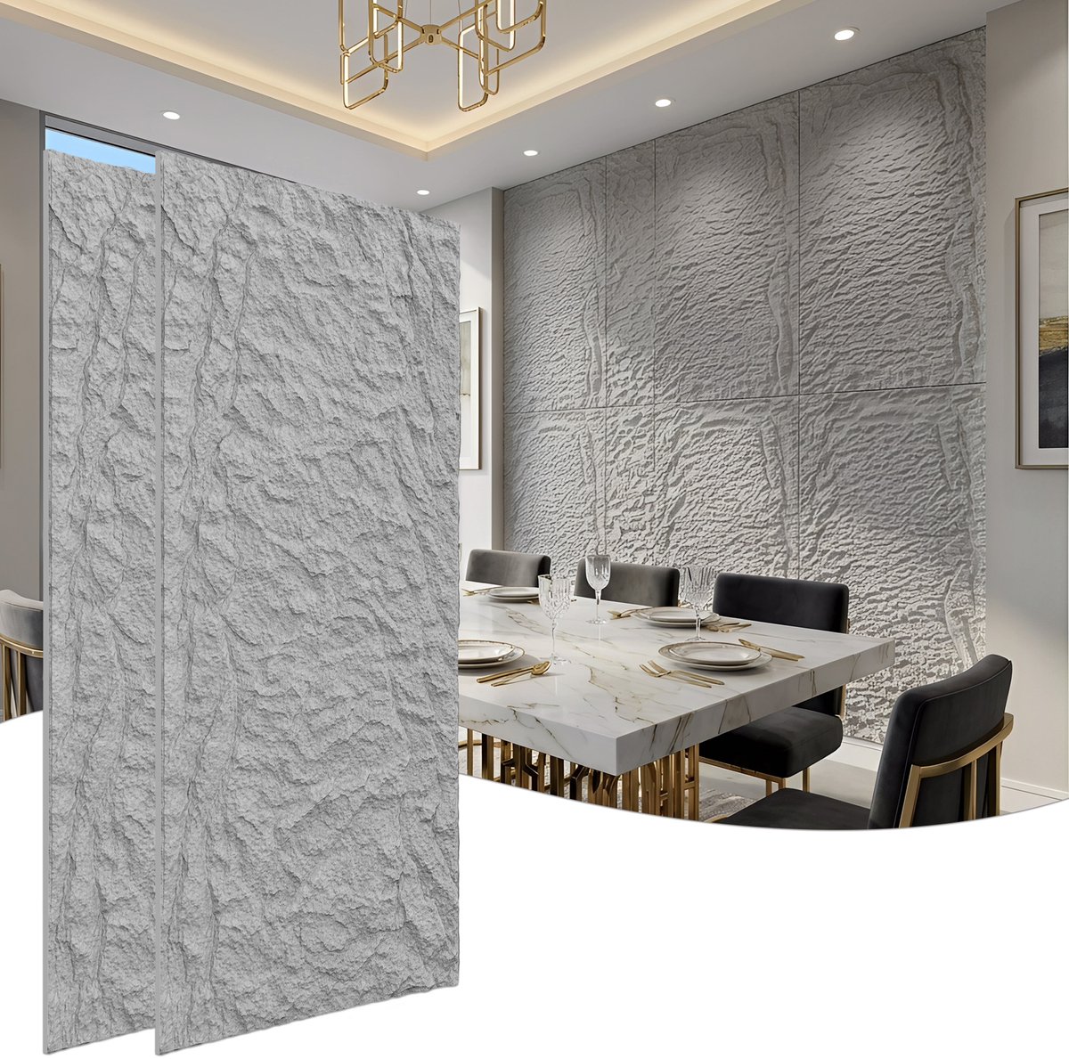 Froadp 4 stuks Plaatwerk met rotslook, 120 x 64 cm, 5 cm dik wandpanelen, PU-wandbekleding grafietzwart