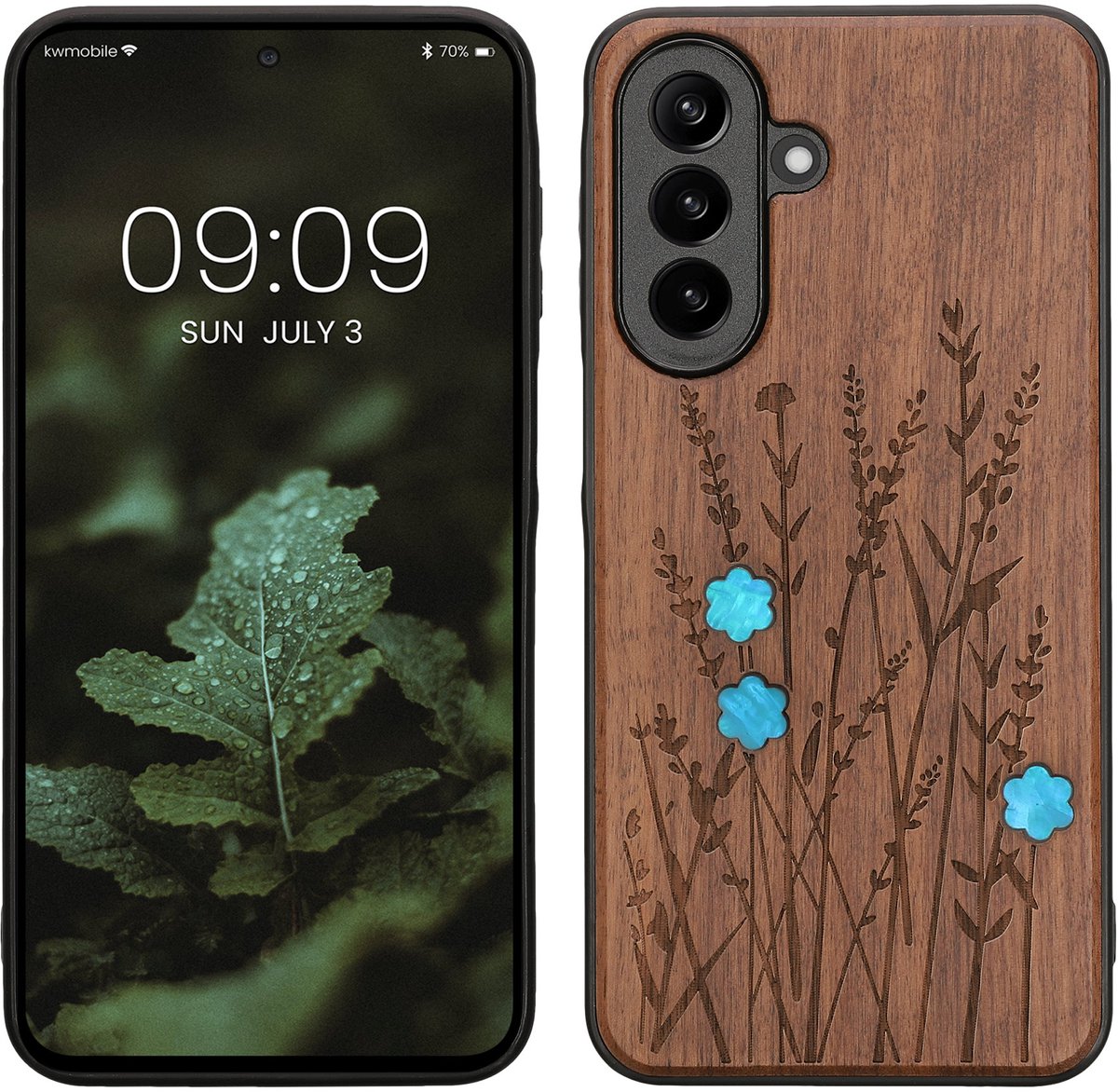 kwmobile telefoonhoesje geschikt voorSamsung Galaxy A27 5G - Hoesje met bumper - hout - In donkerbruin Parelmoer lavendel design