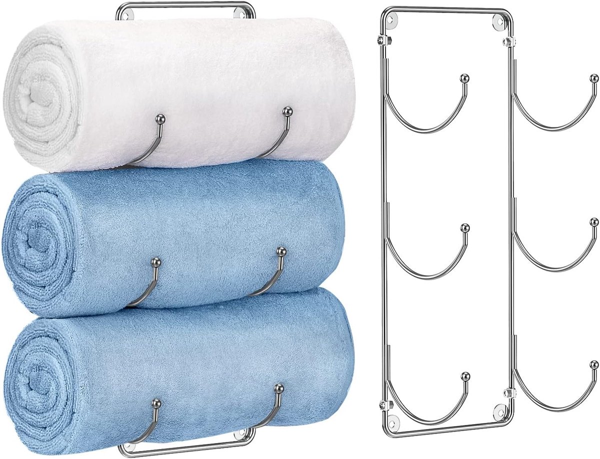 SnelShoppen - Wall Mount Towel Holder 2 Pcs - Wandhanddoekrek, Ruimtebesparende Badkameraccessoires, Wandmontage met Boorgaten, Duurzaam Metaal, Zilve